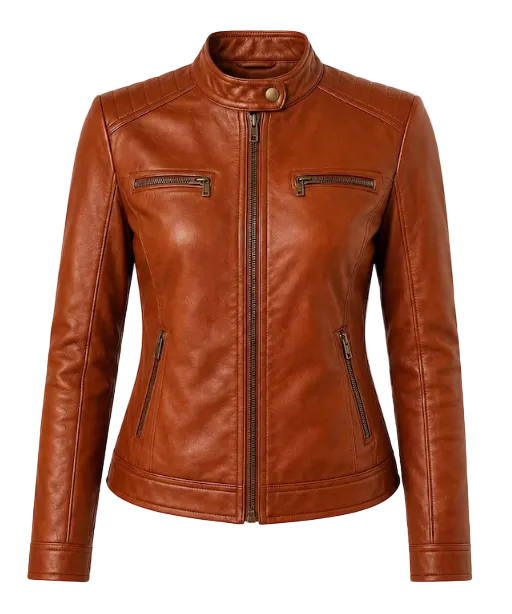 Women's Brown Leather Biker Jacket Genuine Lambskin Motorcycle Zip Casual Fashion Coat