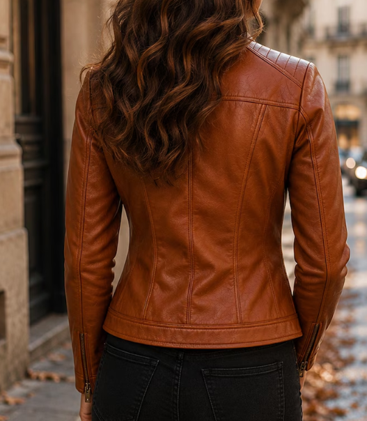 Women's Brown Leather Biker Jacket Genuine Lambskin Motorcycle Zip Casual Fashion Coat