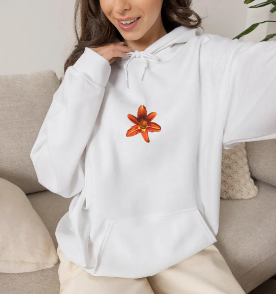 Orange Lily Flower Hoodie | Minimal Floral Chest Design