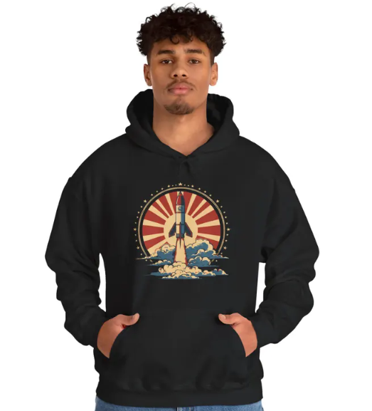 Vintage Rocket Hoodie, Space Lover Gift, Unisex Pullover