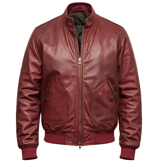 Men's Burgundy Leather Bomber Jacket - Flight Jacket - Zip Up Leather Coat