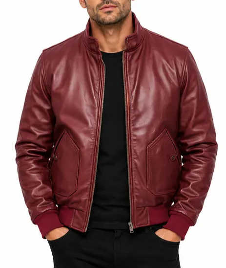 Men's Burgundy Leather Bomber Jacket - Flight Jacket - Zip Up Leather Coat